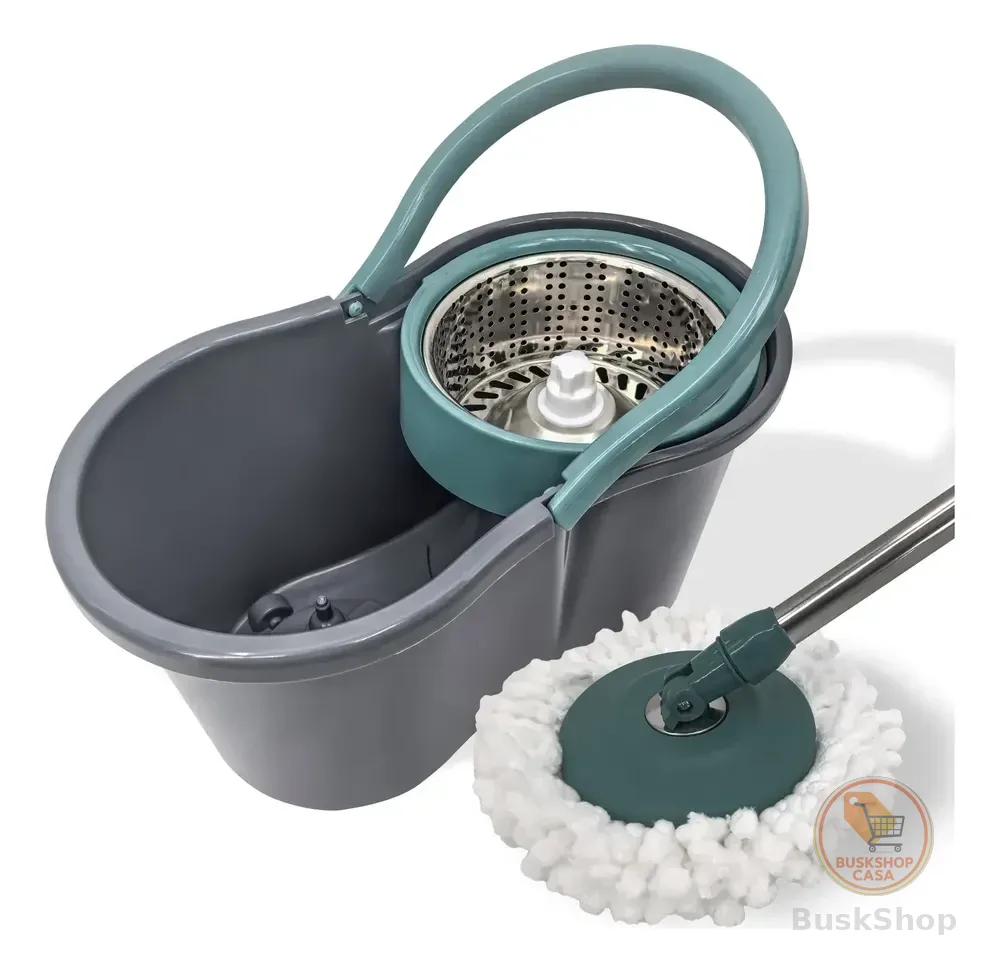 Mop Giratório Kit Completo 360° C/ Cesto Inox Para Limpeza Cinza/verde