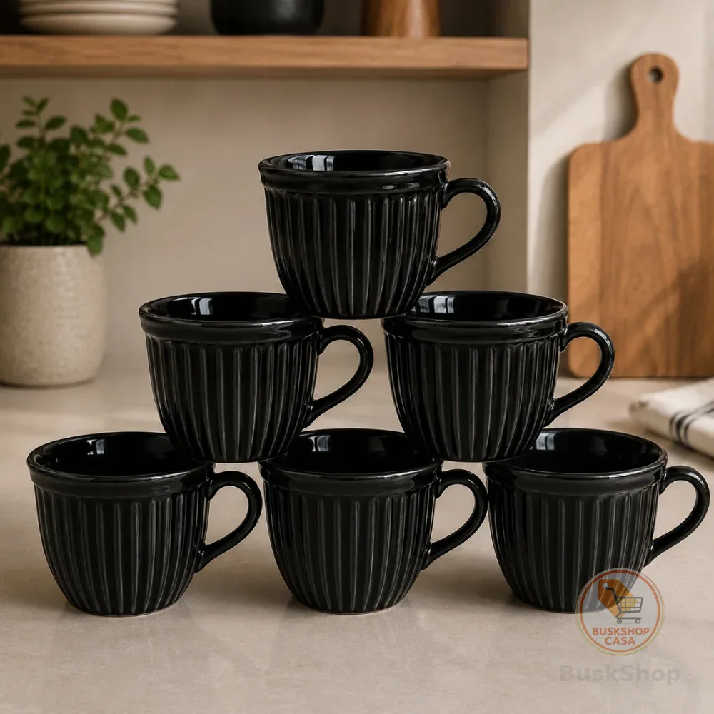 Jogo 6 Xicara Porcelana Lisa Canelada Cha Cafe Leite 210ml Chicara Hotel Casa Cozinha