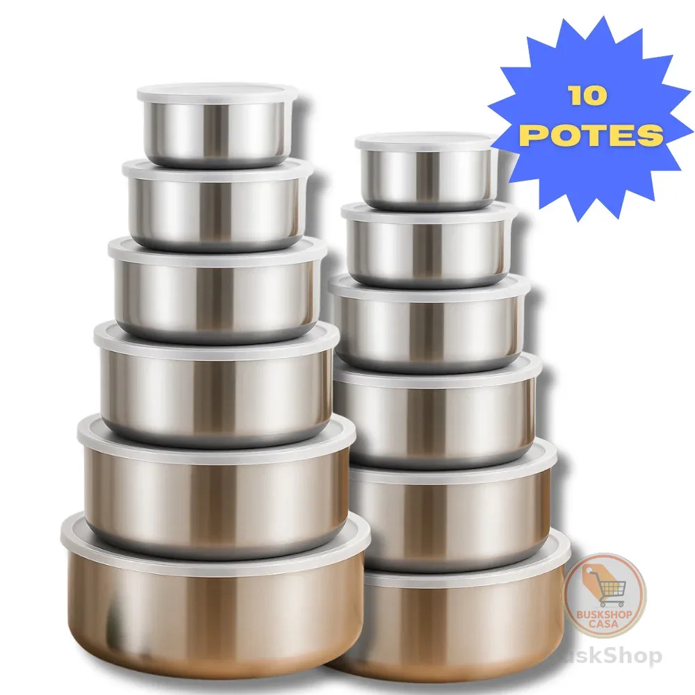 Jogo 10 Potes Tigelas em Inox Alumínio Com Tampa Redondo Armazenamento de Alimentos