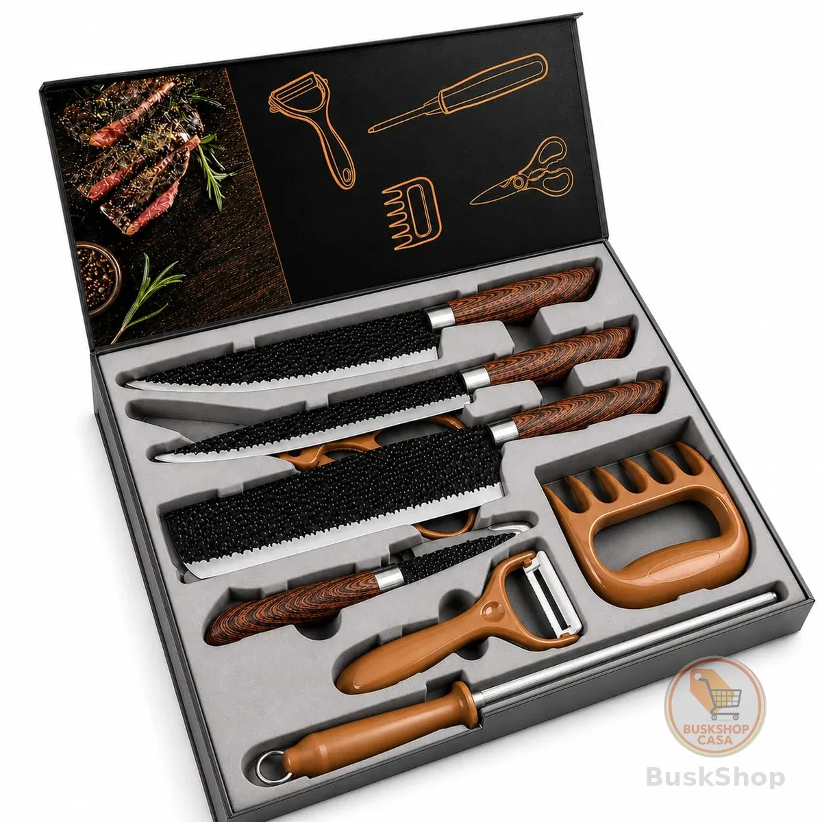 Kit Churrasco 8 Peças Facas Aço Inox Antiaderente com Estojo - Amadeirado