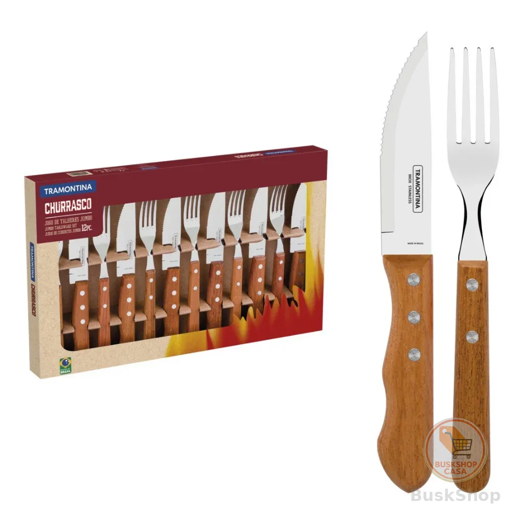 Faqueiro Jogo De Talheres Inox Tramontina Jumbo para Churrasco Madeira 12 Peças Garfo Faca