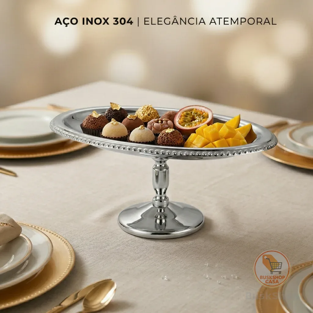 Bandeja Prato Oval Inox Decorativa Com Pé Borda Pérola Suporte Doces Bolo Festa 17cm Pronta Entrega
