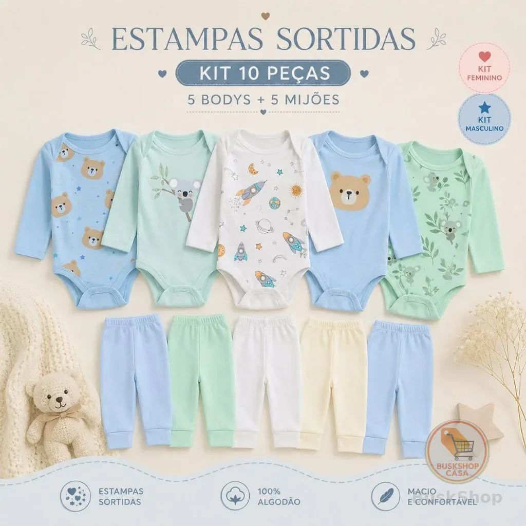 Kit 10 Peças Roupinhas de Bebê Body Longo Liso ou Estampado e Mijão
