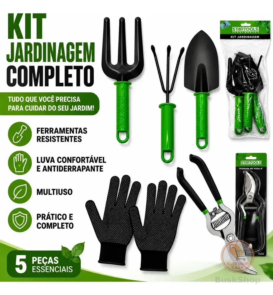 Kit Jogo Jardinagem Jardim Pá Tesoura Poda Luva 5 Peças