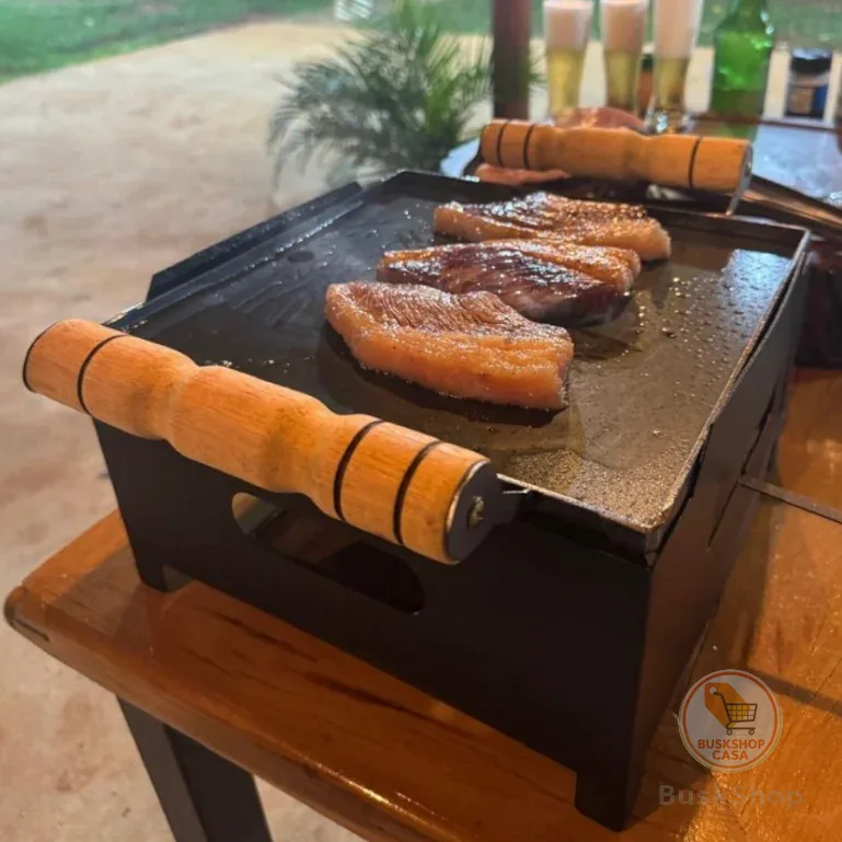 Churrasqueira Chapa A Álcool Em Ferro Funcional Cabo Madeira
