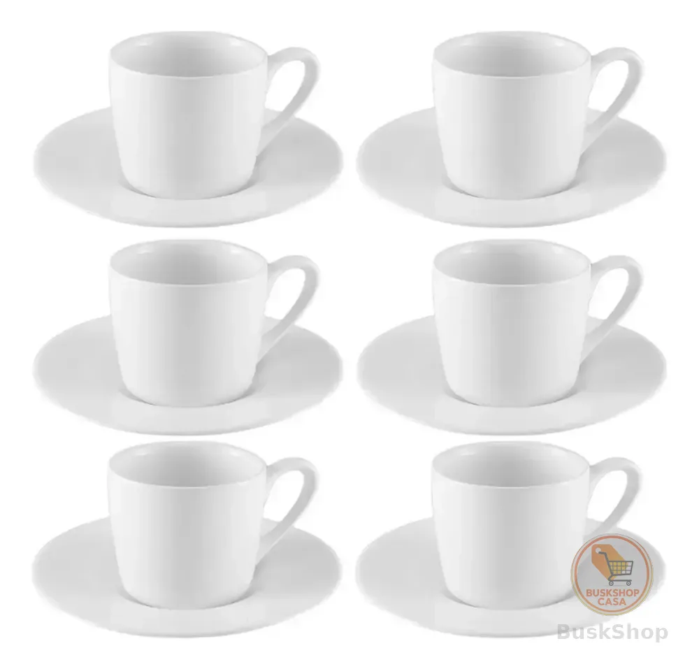Jogo Xícaras Café Com Pires Porcelana Branca 12 Peças