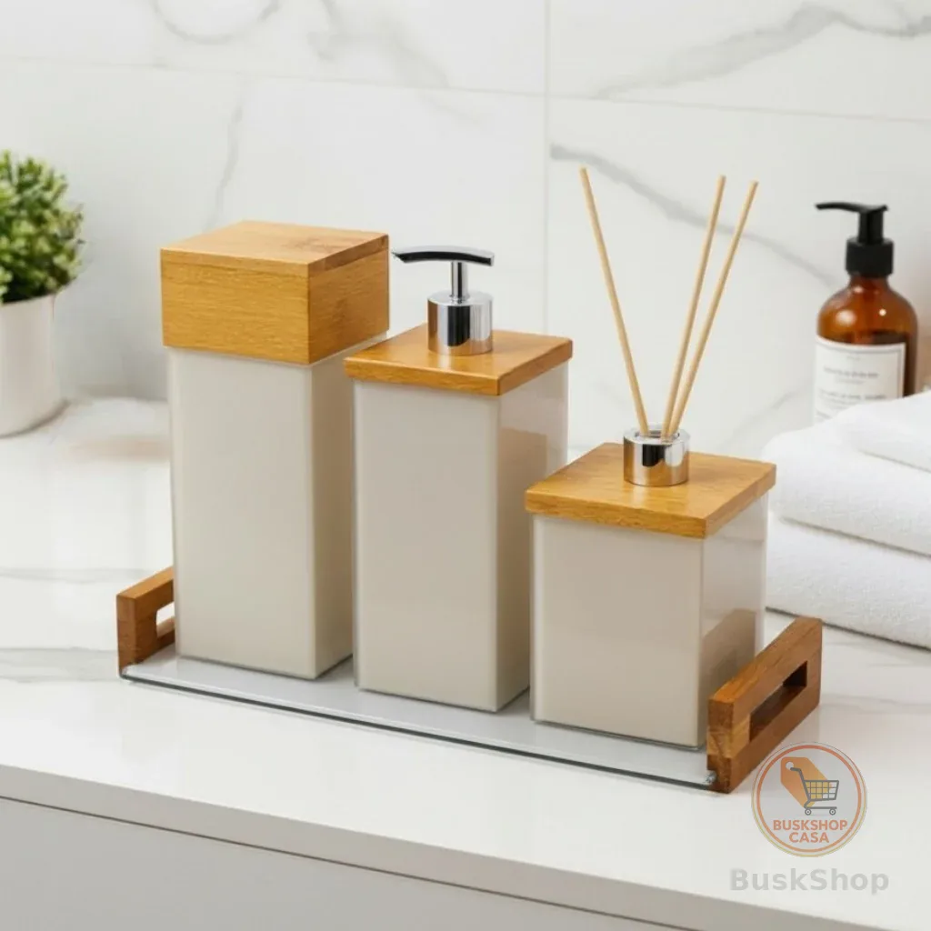 Kit Banheiro Lavabo Luxo Saboneteira Bandeja Porta Escova Difusor 4 Pçs em Vidro e Madeira Decoraçao