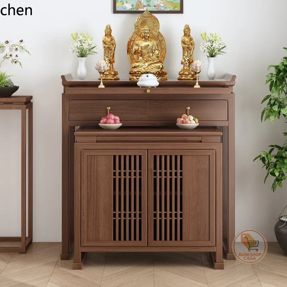 Mesa de Oferta em Madeira de Cerejeira r5.20, Mesa de Oferta Doméstica em Madeira Maciça Shentai, Pequena Mesa de Oferta para Sala de Estar com Suporte para Incenso de Buda Taiwanês