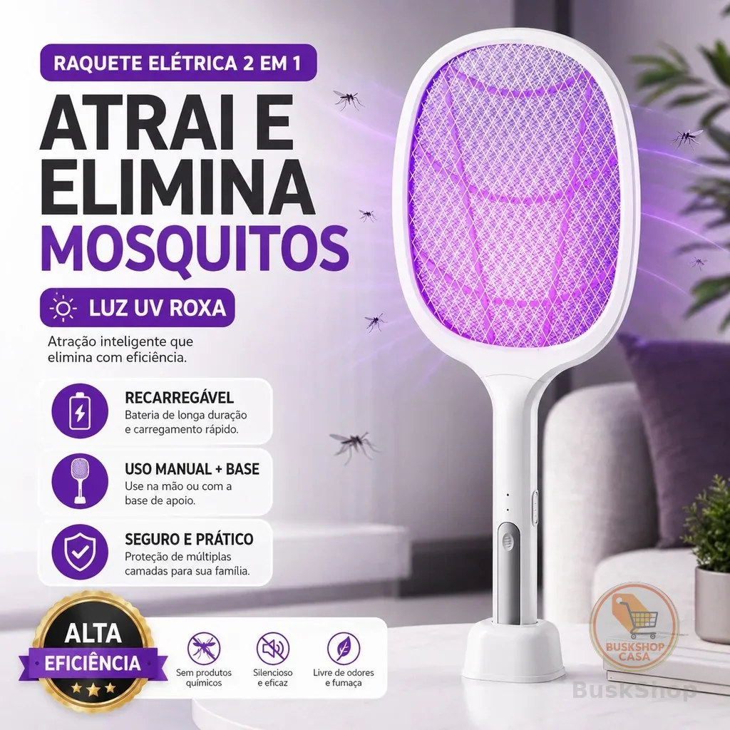 Raquete Mata Mosquito Recarregável Com Base Luz UV 2 em 1