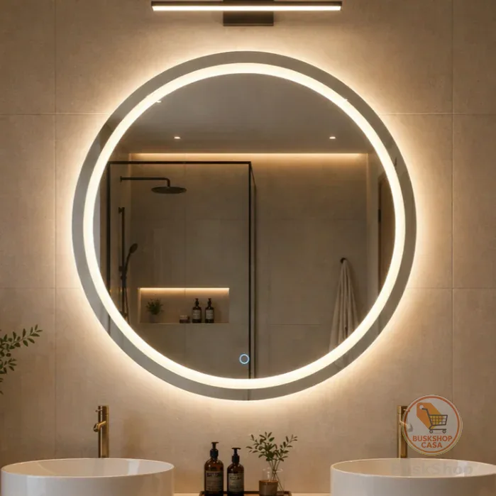 Espelho Redondo 40cm a 60cm Com LED 3 Cores Jateado Lapidado Banheiro Maquiagem Salão de Beleza