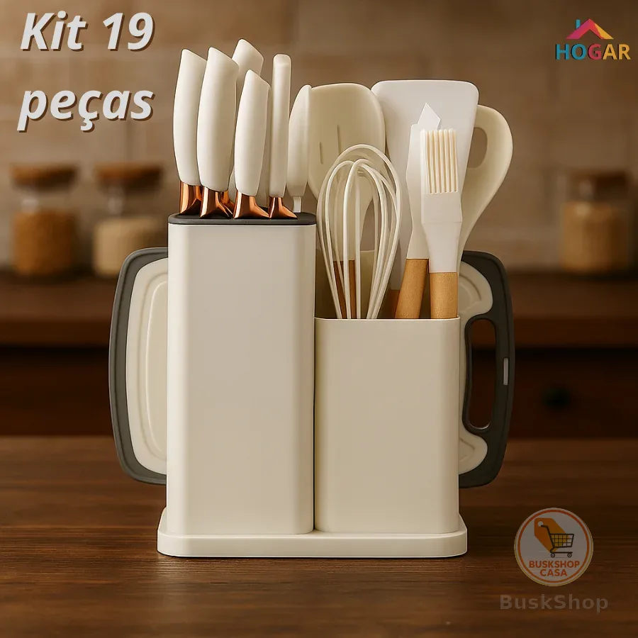 KIT 19 Peças Conjunto de Utensílios de Silicone com Cabo de Madeira e Kit de Facas com Tábua