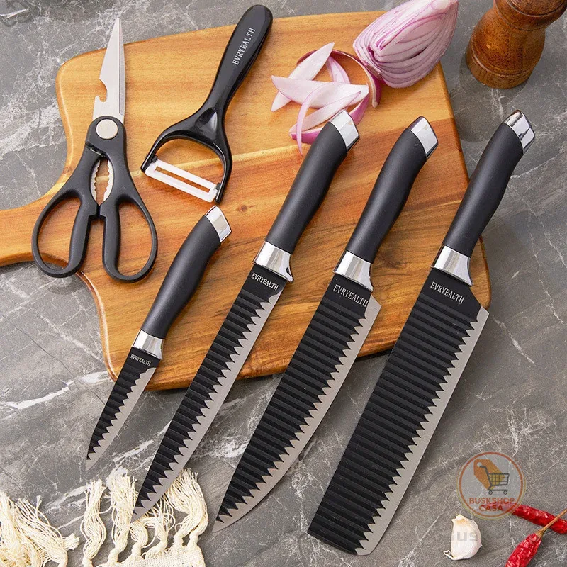 Kit de Conjunto Facas Coloridas/Pretos Tesoura Descascador Cozinha Gourmet 6 Peças