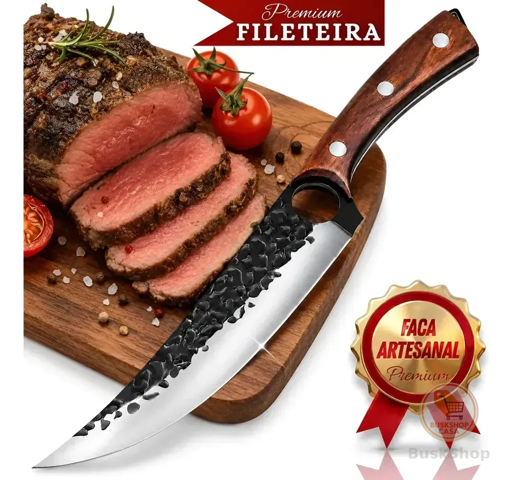 Faca Fileteira Artesanal Aço 440c Ultra Afiada Cabo Madeira Para Peixe Carne Churrasco Camping Caça Pesca Corte Precisão Com Bainha Reforçada Forjada Manualmente Ornamental