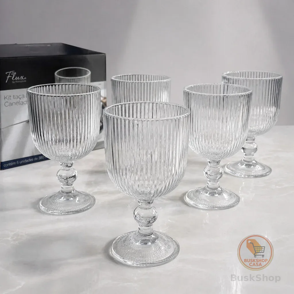 Conjunto 6 Taças Canelada De Vidro Transparente Detalhe 380 ml Luxo  Atemporal