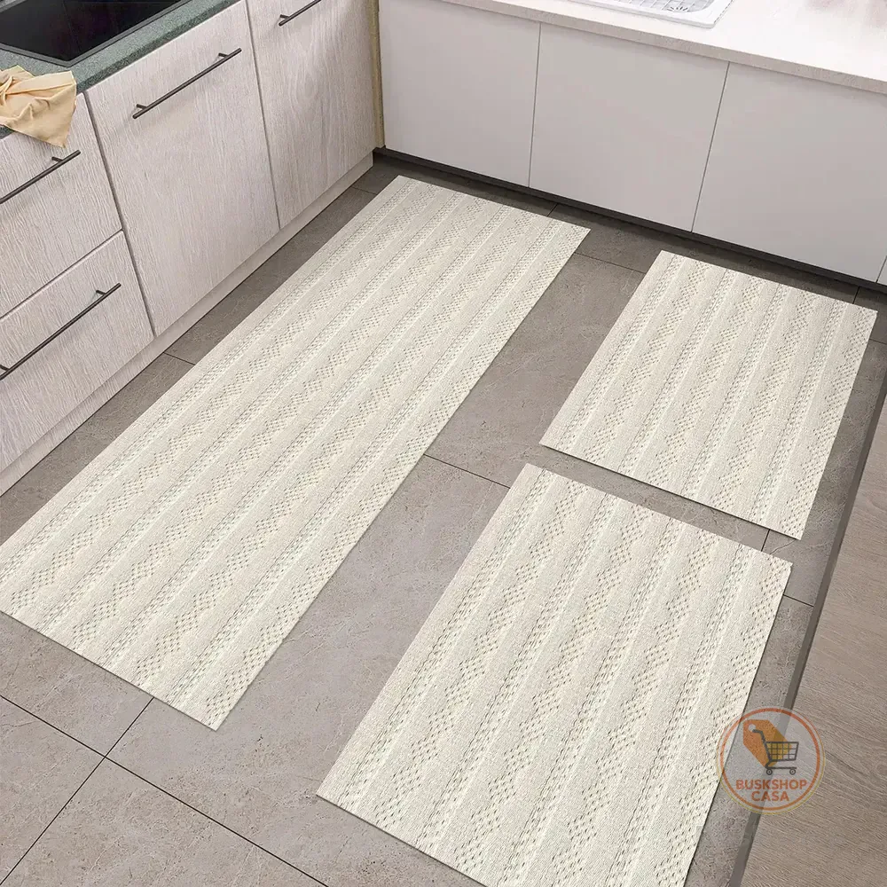 Kit Tapetes De Cozinha Rústico 3 Peças Jogo Listrado 100% Algodão Natural Lavável Decorativo
