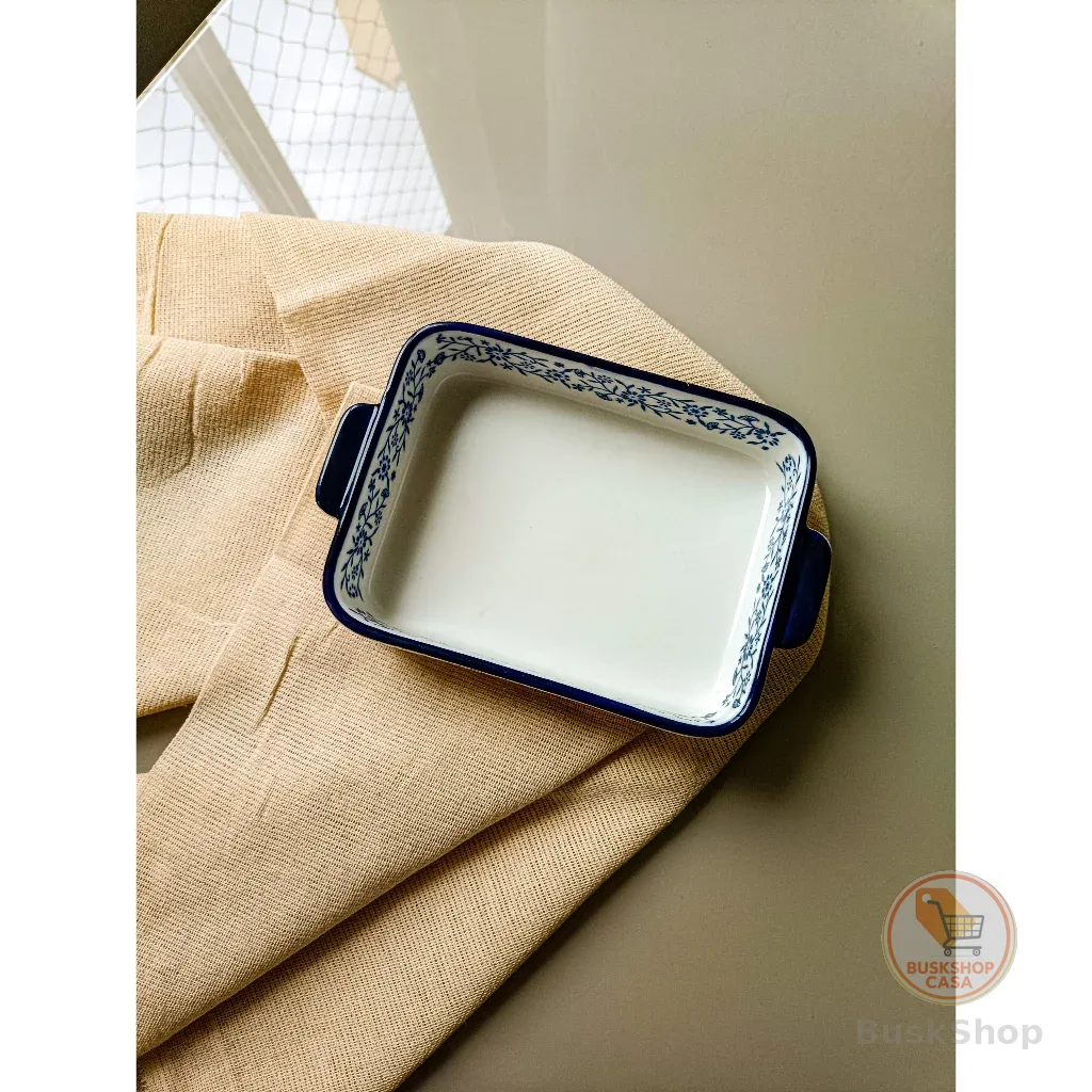 Assadeira retangular em porcelana floral azul | Assadeira de porcelana | Assadeira pequena | Mesa posta |  Louças