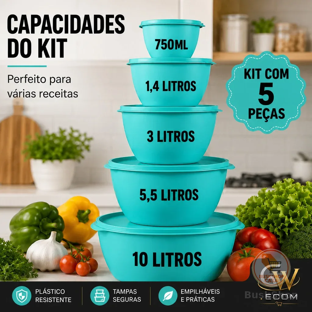 Kit Bowl 5 Peças Com Tampa Bacia Plástica Saladeira Grande Cozinha 10 litros TAPOER GRANDE