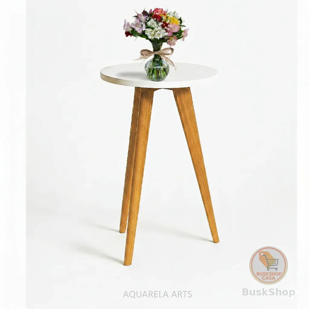 Mesa Lateral Redonda (Tampo Branco e Pés Palito Madeira) 50cm x 30cm –  Escandinavo – Aquarela Artes
