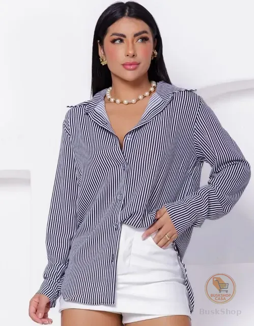 Camisa Social Feminina Clássica Listrada C/ Botões Tendência