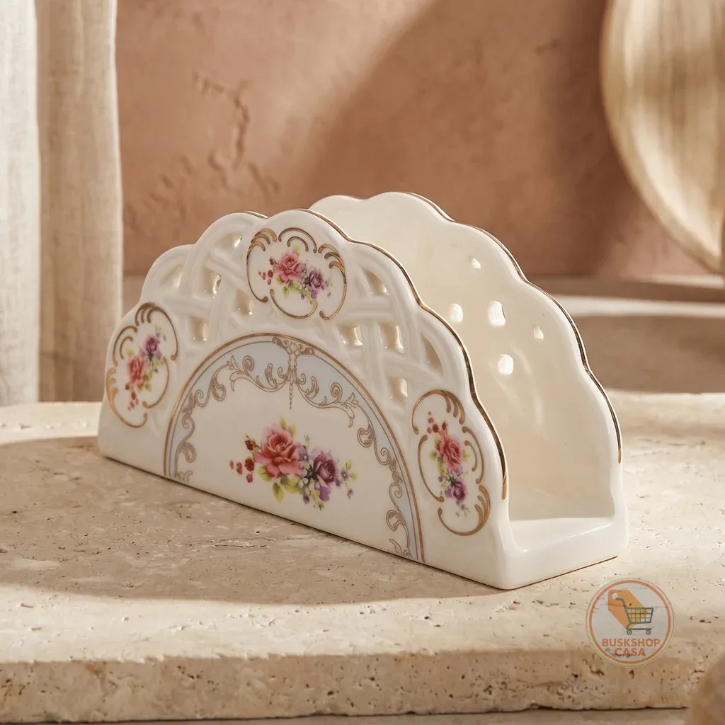 Porta Guardanapo Porcelana New Bone Rosas Floral Vazado Borda Ouro Mon Cheri Mesa Posta Colonial 13c
