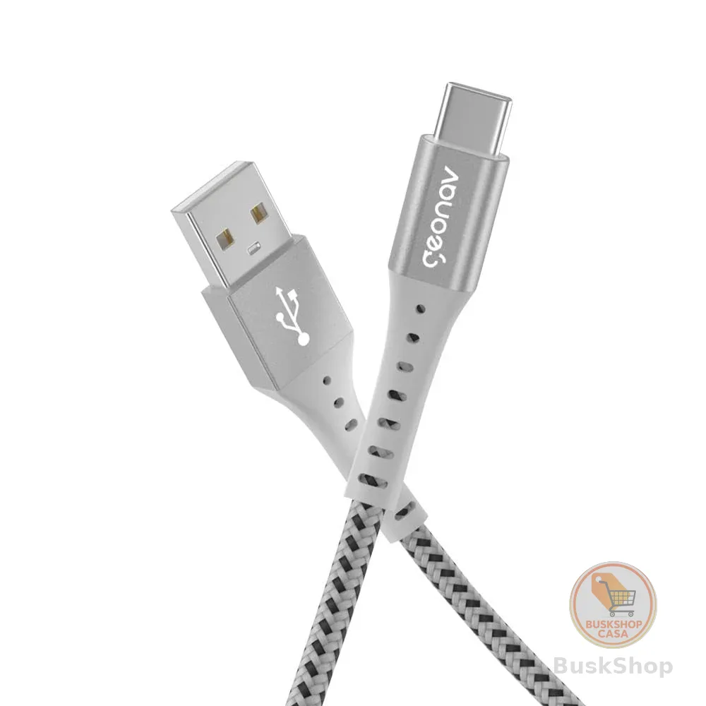 Geonav Cabo USB-A para USB-C, 1.2 metros, nylon trançado, resiste até 10 mil dobras, carregamento rápido (até 40 W) e tranferência de dados (480 Mbps), ESC05WT, branco