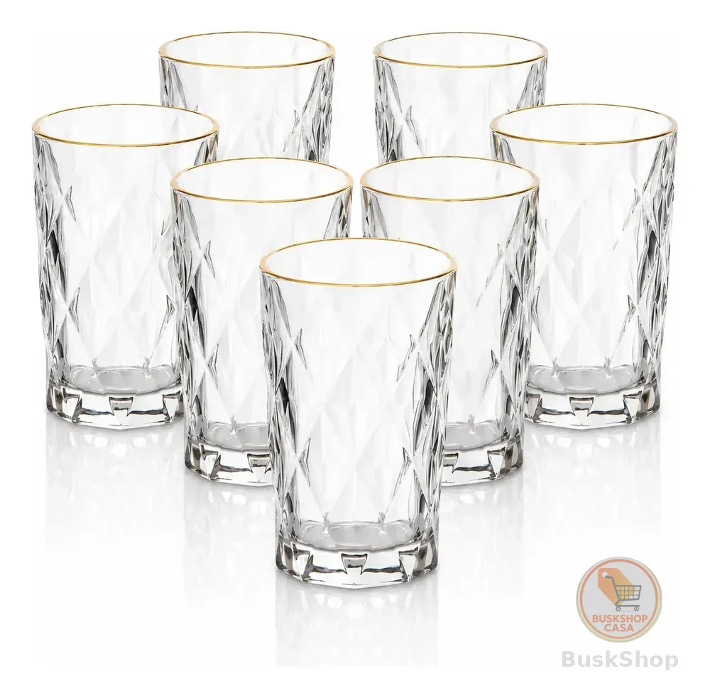 Jogo 6 Copos Altos Diamond 370ml Vidro Luxo Borda Dourada Transparente Com Borda Dourada