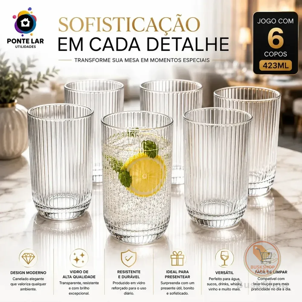 Jogo 6 Copos Vidro Canelado 423ml Moderno Elegante Premium Vinho Água Suco Drinks Gin Whisky Jogo Copos Taça Copo Conjunto Design Luxo Texturizado Cozinha Restaurante Decoração - Ponte Lar Utilidades