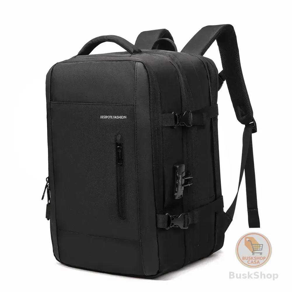 Mochila para computador masculina, com fecho de senha, capacidade expansível de 25-40L, impermeável, reforçada, com espaço para notebook e porta USB, ideal para viagens e deslocamentos diários.