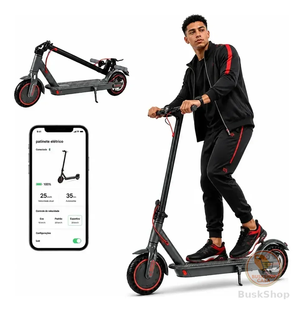 Patinete Elétrico Com Amortecedor E App Gps Bateria Dobrável Preto Com Vermelho