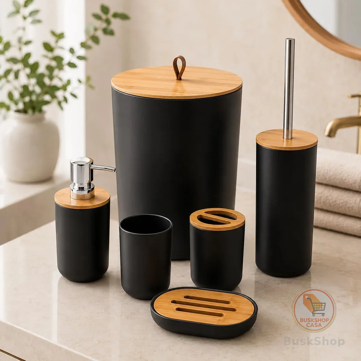 Kit Banheiro Bambu 6 Peças Luxo Completo – Conjunto para Lavabo com Lixeira Tampa Fechada, Dispenser de Sabonete Líquido, Porta Escova, Saboneteira e Copo, Acessórios Modernos Elegantes