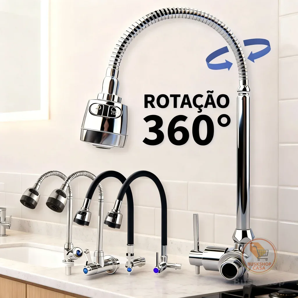 Torneira Cozinha Gourmet Válvulas de Aço Inoxidável Bancada Parede Flexível Volta Cromo Com Chuveiro Com Rotação De 360°