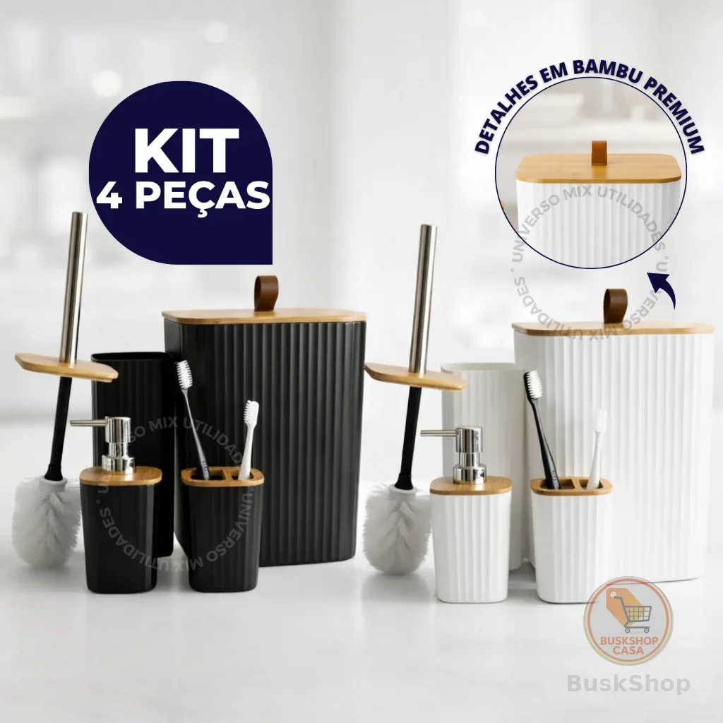 Kit Banheiro Luxo Quadrado – Lixeira C/Tampa Detalhes em Bambu e Puxador de Couro