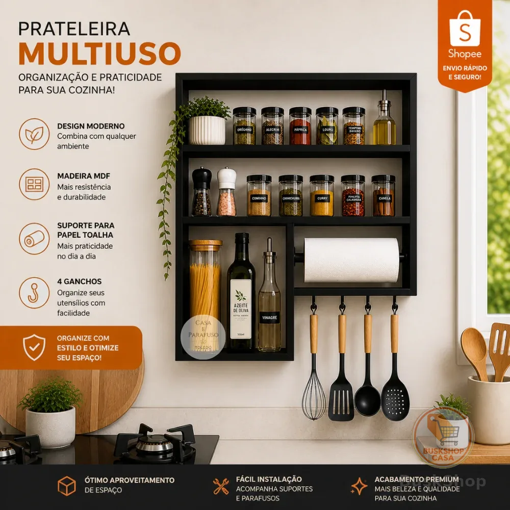 Nicho Porta Tempero com Gancho Para Cozinha Prateleira(13)