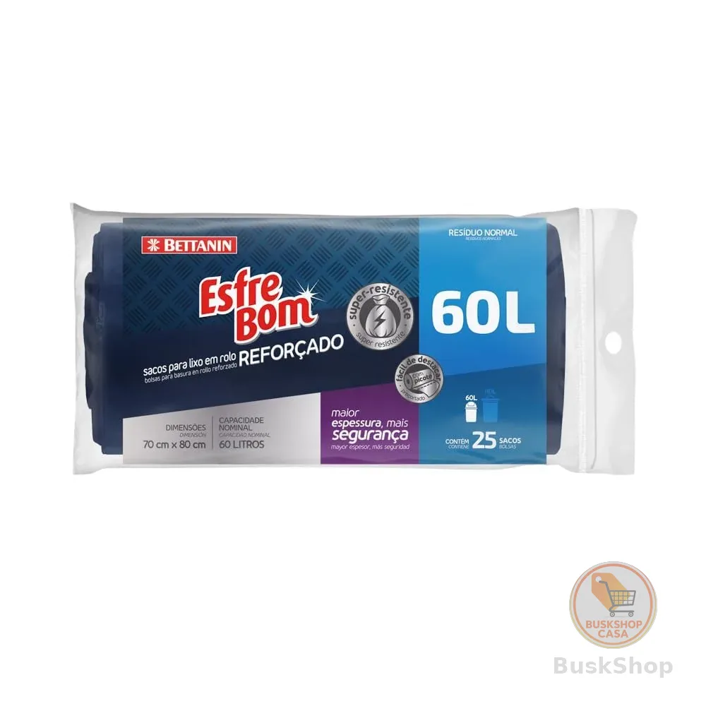 EsfreBom - Saco para Lixo Reforçado, Rolo com 25 Sacos de 60 Litros, Azul Escuro, Bettanin