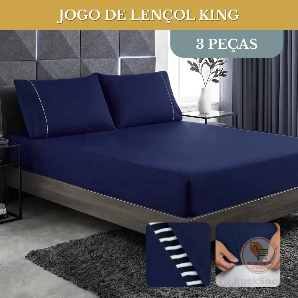 Jogo De Lençol Cama King 03 Peças 400 Fios Ponto Palito Cor Azul-marinho Desenho Do Tecido Lisa