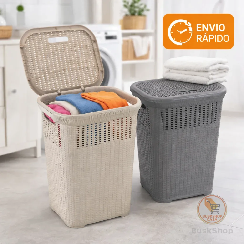 Cesto de Roupa Rattan 50L com Tampa Basculada Grande Lavanderia Premium