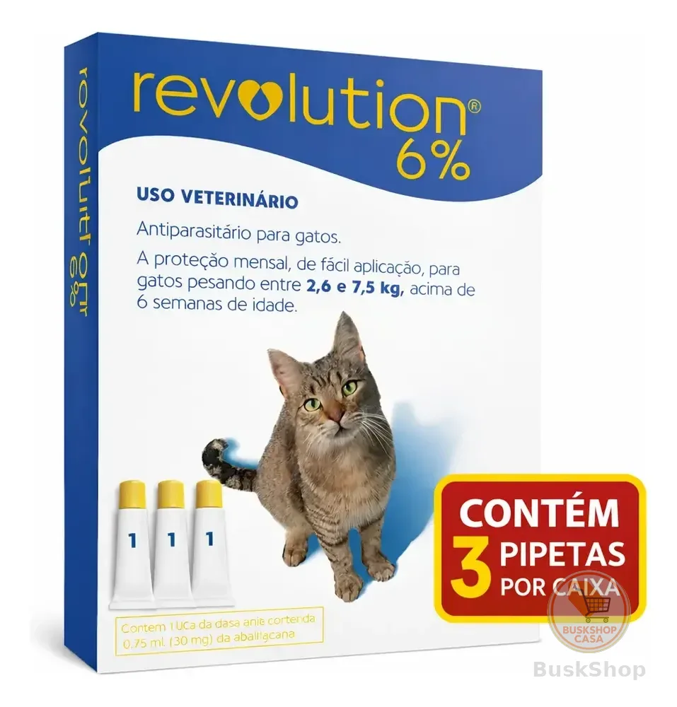 Antipulgas Revolution 6% 45mg Gatos 2,6 A 7,5kg C/ 3 Pipetas Azul