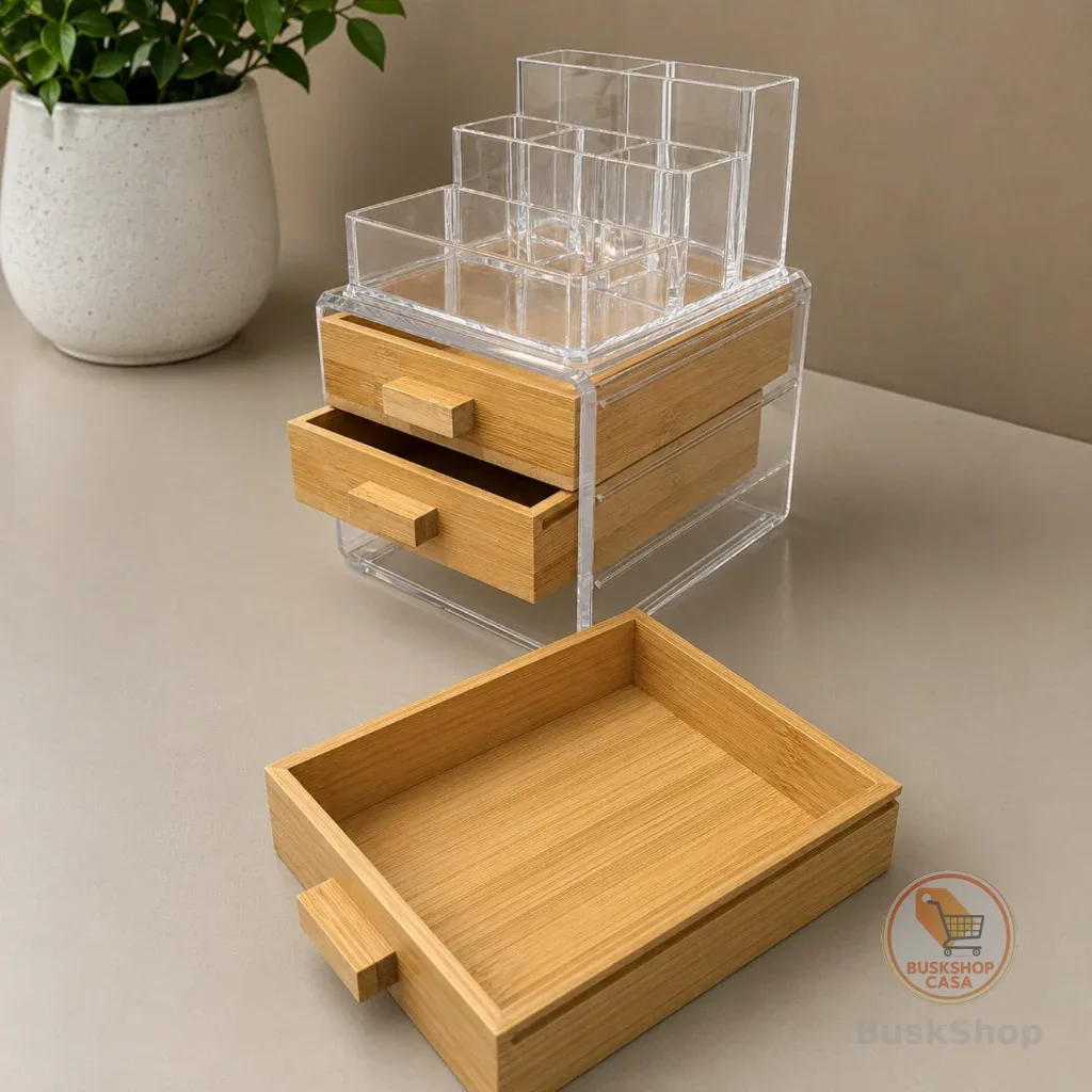 Kit Organizador Maquiagem com Porta Joia e Gavetas Bambu