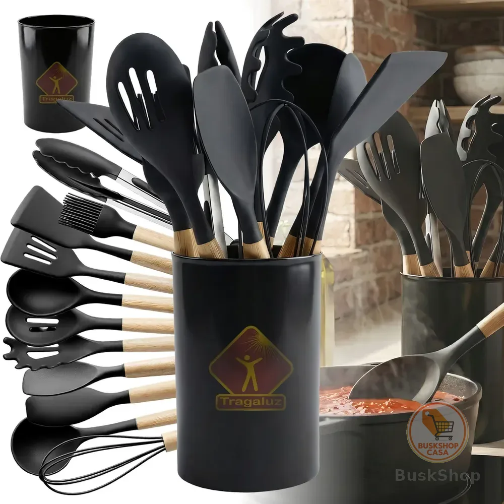 Kit 12 Peças De Utensílios De Cozinha Em Silicone Com Cabo De Madeira Premium Tragaluz Preto