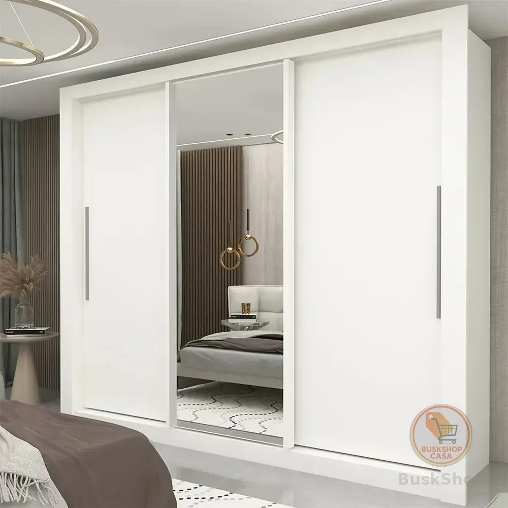 Guarda-roupa Casal Branco 3 Portas Corrediça Espelhada Milão MDF Yescasa