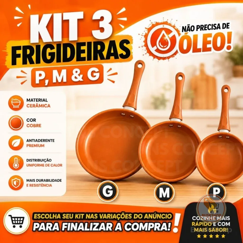 Conjunto Frigideiras Antiaderente Revestimento Cerâmico 17CM,21CM,25CM Funda Cobre Não Gruda Dieta Sem Óleo Panela