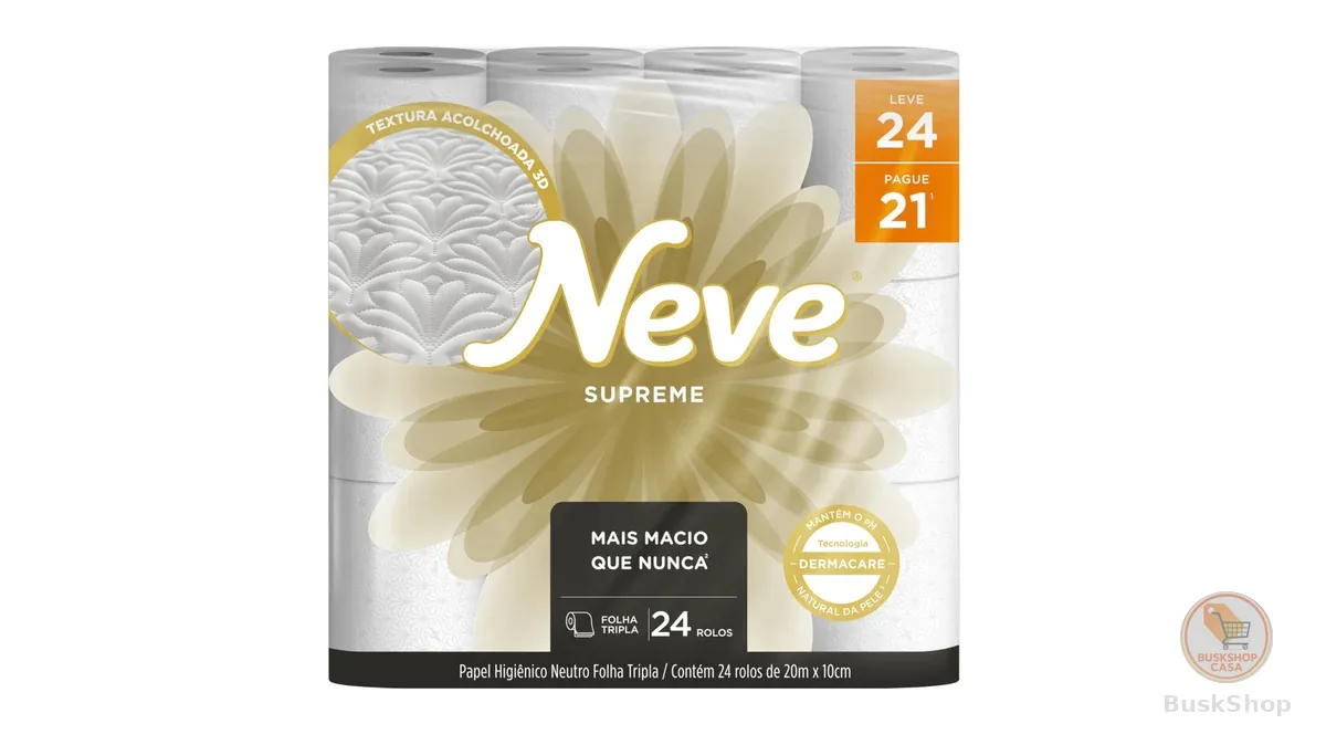 Neve Papel Higiênico Supreme Folha Tripla, 20m, Leve 24 Pague 21 Rolos