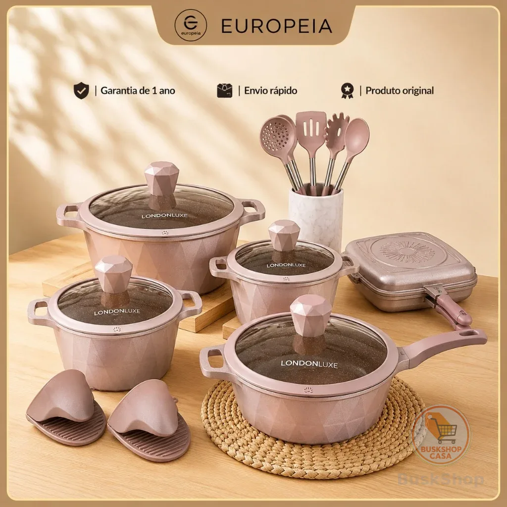 Jogo de Panelas Kit London Grill 17 peças Cerâmica Antiaderente Kit Completo Luxuoso