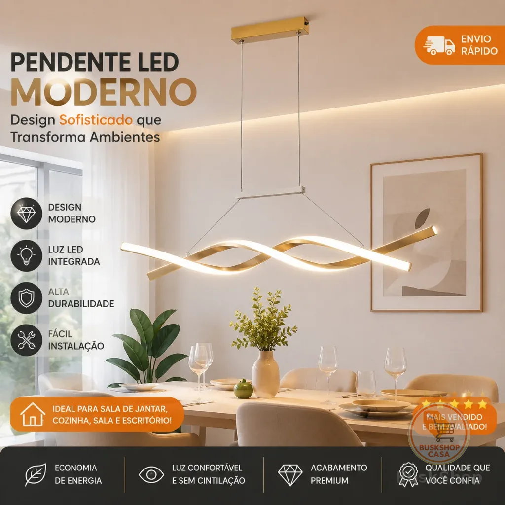 Luminária Pendente Led Ondas Moderno Dourado Curvas 3em1 Bivolt 30w LP-202D