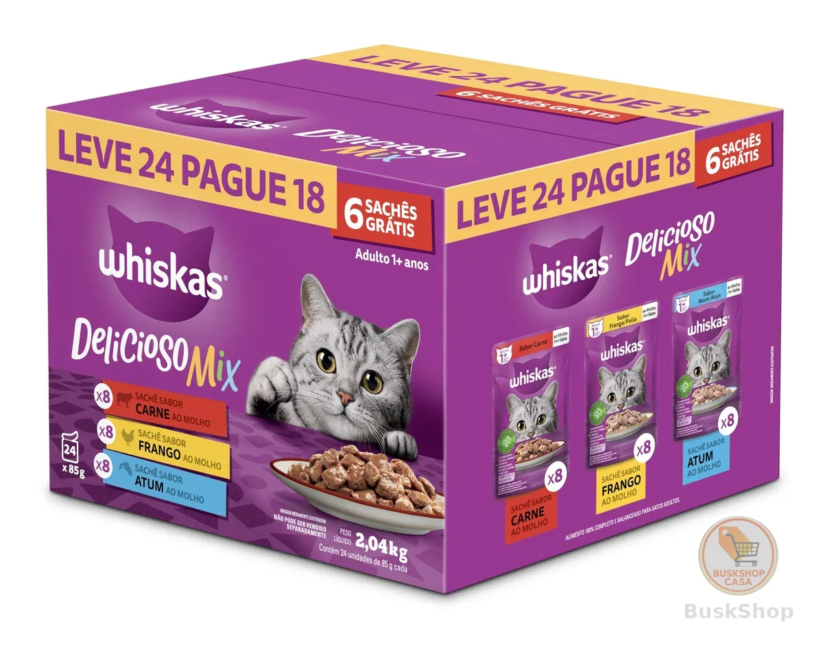 Pack Ração Úmida Whiskas Sachê Carne/Frango/Atum para Gatos Adultos - Leve 24 Pague 18