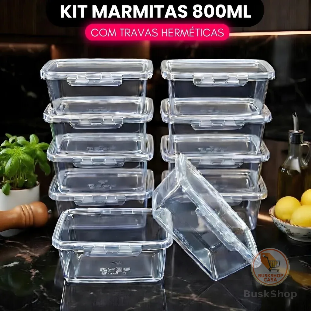 Kit Potes Hermeticos com Trava 800ml Jogo de Marmitas