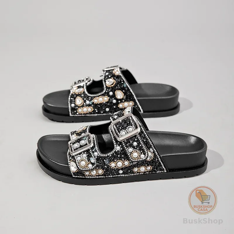 Papete feminina Pérolas de strass de luxo sandália diferente feminina com fivela