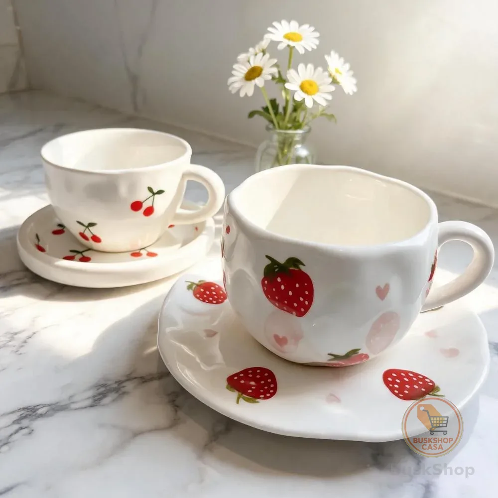 Xícara Com Pires Orgânica Porcelana Fofa Morango Cereja Mesa Posta Café Chá Cerâmica Artesanal