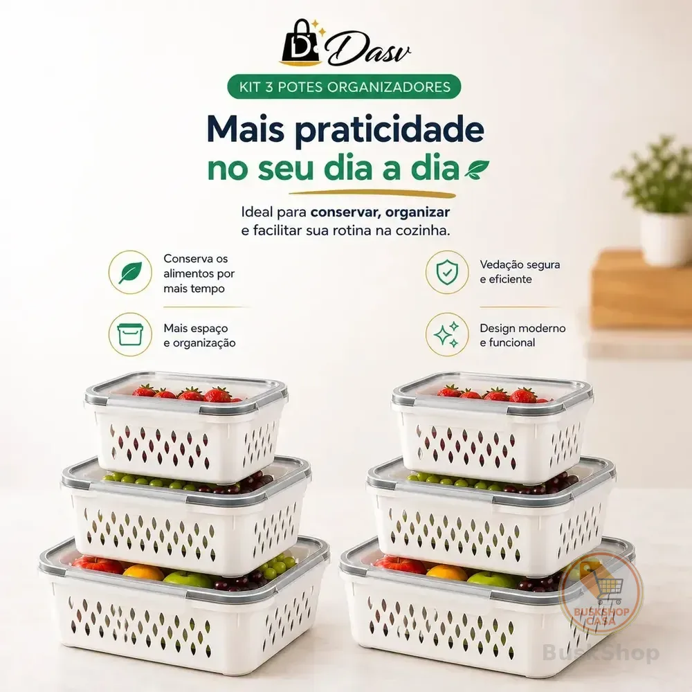 Conjunto Kit 6 Organizadores Geladeira Hermético Escorredor Cesto Frutas Alimentos Verduras Legumes Dasv