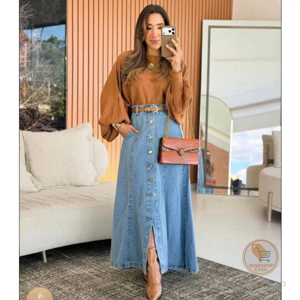 Saia Jeans Longa Botão, moda evangélica